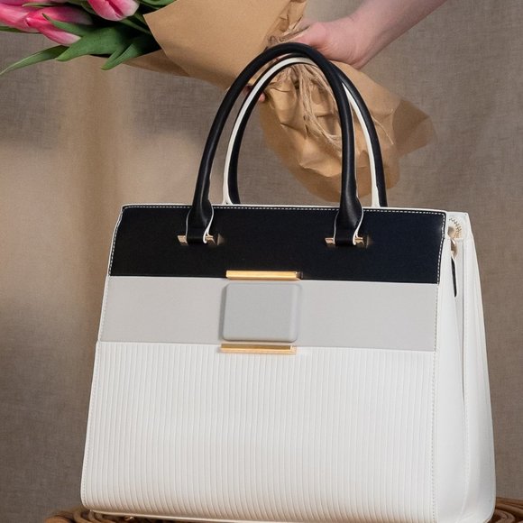 🆕Alessia Massimo Colorblock Top Handle Bag - Black / White / Grey NWT's - Picture 4 of 12